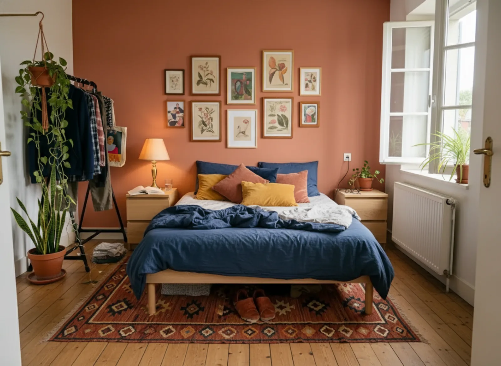 La même chambre transformée : mur terracotta, gallery wall dense, portant transformé en jungle verticale de plantes, constellation de coussins velours moutarde et rose, tapis kilim géométrique