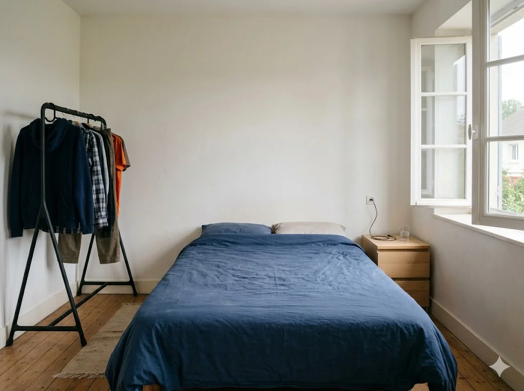 Chambre avant transformation : murs blancs neutres, lit bois clair seul, portant métallique provisoire, ambiance Airbnb sans personnalité